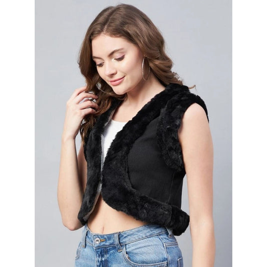Generic Women's Denim And Fur Solid Sleeveless Shrug (Black)