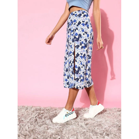 Generic Women's Polyester Floral Side Zip Skirt (Blue - White)