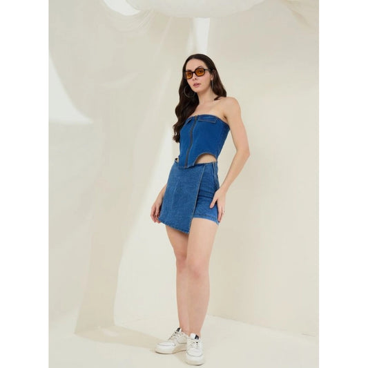 Generic Women's Denim Lycra Solid Sleeveless Top (Blue)