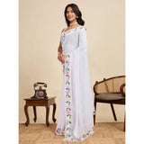 Generic Women's Georgette Printed Saree With Unstitched Blouse 5.5Mtr (White)