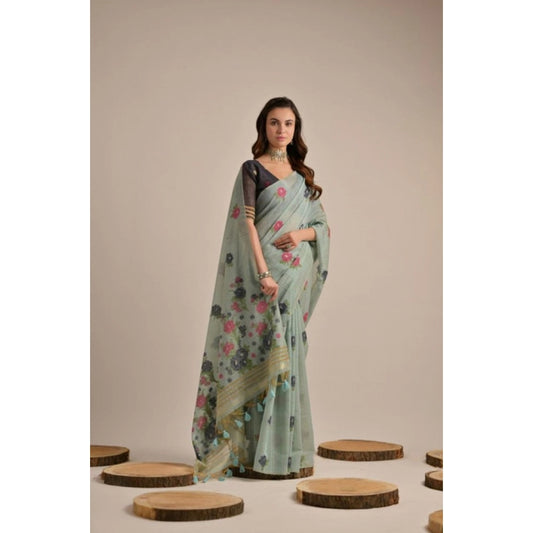 Generic Women's Blended_Cotton Floral Motifs And Woven Buttas Saree With Unstitched Blouse 5.5Mtr (Teal)