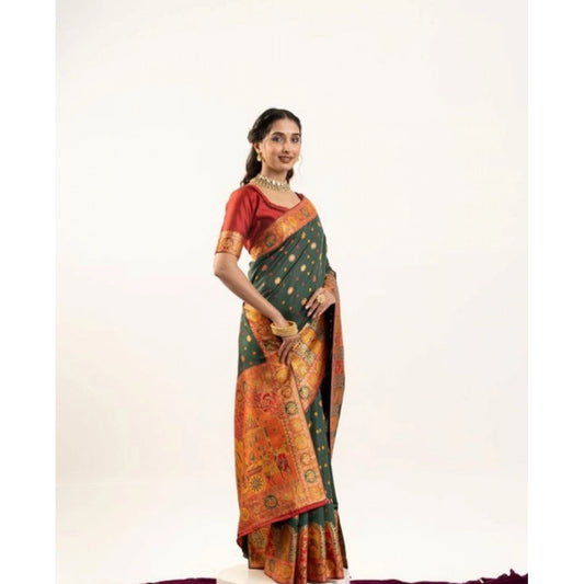 Generic Women's Faux_Banarasi Woven Motifs Saree With Unstitched Blouse 5.5Mtr (Dark_Green)