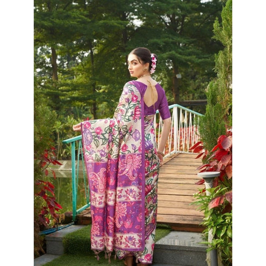Generic Women's Faux_Tussar Kalamkari_Print Saree With Unstitched Blouse 5.5Mtr (Purple)