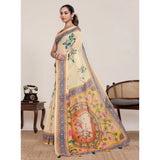 Generic Women's Linen Floral Printed Saree With Unstitched Blouse 5.5Mtr (Beige)