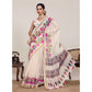 Generic Women's Linen Floral Printed Saree With Unstitched Blouse 5.5Mtr (Cream)
