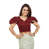 Generic Women's Jimmy Solid V Neck Puff Sleeve Readymade Blouse (Maroon 38 , Alterable up to 42)-PID65840