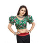 Generic Women's Organza Printed V Neck Puff Sleeve Readymade Blouse (Green 38 , Alterable up to 42)-PID65863
