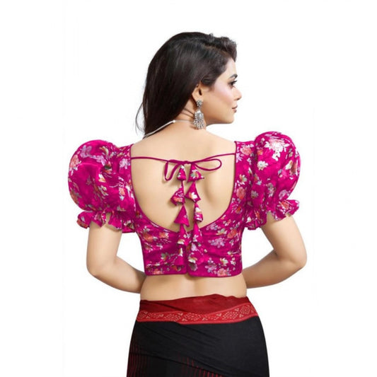 Generic Women's Organza Printed V Neck Puff Sleeve Readymade Blouse (Pink 38 , Alterable up to 42)-PID65869