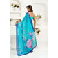 Generic Women's Faux Linen Floral Print Ready to wear Saree With Unstitched Blouse 5.5Mtr (Light_AquaBlue)