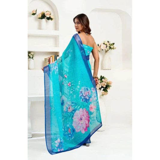 Generic Women's Faux Linen Floral Print Ready to wear Saree With Unstitched Blouse 5.5Mtr (Light_AquaBlue)