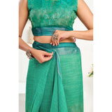 Generic Women's Faux Linen Floral Ready to wear Saree With Unstitched Blouse 5.5Mtr (Green)
