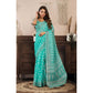 Generic Women's Faux Linen Leaf Print Ready to wear Saree With Unstitched Blouse 5.5Mtr (SeaGreen)