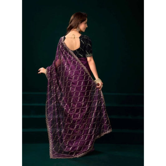 Generic Women's Net Sequence Saree With Unstitched Blouse 5.5Mtr (Purple)