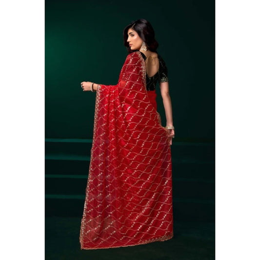 Generic Women's Net Sequence Saree With Unstitched Blouse 5.5Mtr (Red)