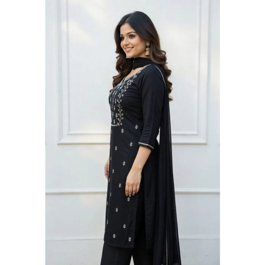 Generic Women's Georgette Ethnic Motif Round 3/4th Sleeve Kurti With Pant Dupatta Set (Black)
