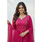 Generic Women's Georgette Ethnic Motif Round 3/4th Sleeve Kurti With Pant Dupatta Set (Pink)