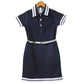 Generic Girl's Denim Lycra Ribbed Elasticated Dress with Belt (Navy Blue-White)