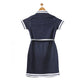 Generic Girl's Denim Lycra Ribbed Elasticated Dress with Belt (Navy Blue-White)