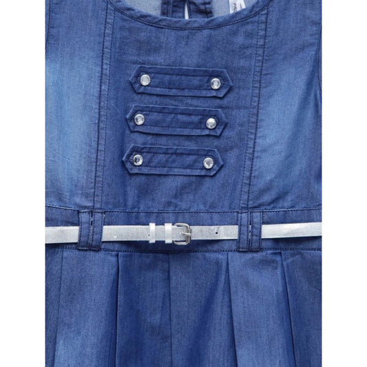 Generic Girl's Denim Embellished Sleeveless Dress with Belt (Blue)