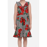Generic Girl's Polyester Crepe Floral Shoulder Straps Dress (Red)