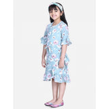 Generic Girl's Polyester Crepe Floral Bell Sleeve Dress (Turquoise Blue)