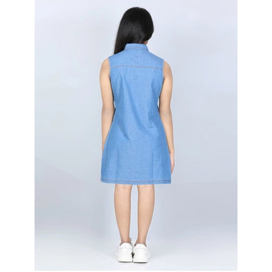 Generic Girl's Denim Solid Cold Shoulder Dress (Blue)