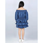 Generic Girl's Denim Solid Off Shoulder Dress (Blue)
