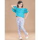 Generic Girl's Cotton Lycra Floral Elasticated Jeggings (White-Turquoise Blue)