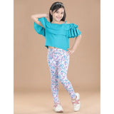 Generic Girl's Cotton Lycra Floral Elasticated Jeggings (White-Turquoise Blue)