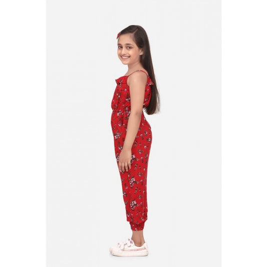 Generic Girl's Rayon Floral Sleeveless Jumpsuit (Red)