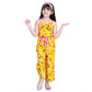 Generic Girl's Polyester Crepe Floral Shoulder Straps Jumpsuit (Yellow-Pink)