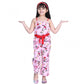 Generic Girl's Polyester Crepe Floral Shoulder Straps Jumpsuit (Pink-Red)