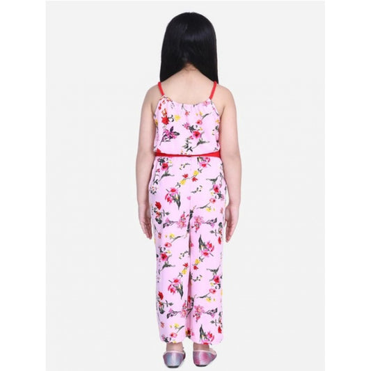 Generic Girl's Polyester Crepe Floral Shoulder Straps Jumpsuit (Pink-Red)