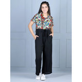 Generic Girl's Polyester Printed Short Sleeves Jumpsuit (Multicolor-Black)