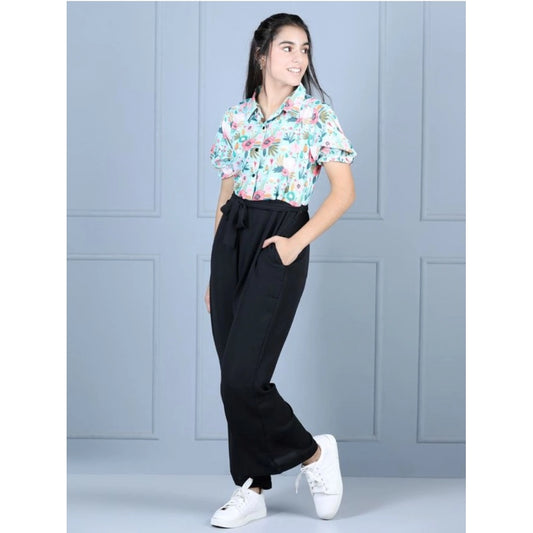 Generic Girl's Polyester Floral Short Sleeves Jumpsuit (Green-Black)