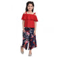 Generic Girl's Rayon Crepe Printed Cold Shoulder Top and Pants Set (Red-Navy)