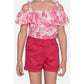 Generic Girl's Cotton Floral Cold Shoulder Top and Shorts Set (Pink-Red)