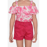 Generic Girl's Cotton Floral Cold Shoulder Top and Shorts Set (Pink-Red)