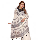 Generic Women's Linen Cotton Printed Saree With Unstitched Blouse 5.5Mtr (Off White)