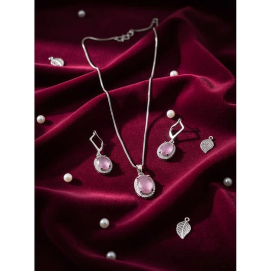 Generic Women's Brass Silver Plated Pendant Set (Pink)
