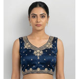 Generic Women's Silk Embroidered V-Neck Sleeveless Readymade Padded Blouse (Blue, Size 38)
