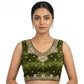 Generic Women's Silk Embroidered V-Neck Sleeveless Readymade Padded Blouse (Mahendi, Size 38)