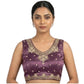 Generic Women's Silk Embroidered V-Neck Sleeveless Readymade Padded Blouse (Purple, Size 38)