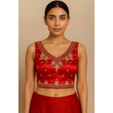 Generic Women's Silk Embroidered V-Neck Sleeveless Readymade Padded Blouse (Red, Size 38)