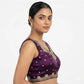 Generic Women's Silk Embroidered V-Neck Sleeveless Readymade Padded Blouse (Wine, Size 38)
