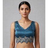 Generic Women's Silk Embroidered Sweetheart Neck Sleeveless Readymade Padded Blouse (Blue, Size 38)