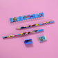 Close-up of kids drawing and writing stationery set