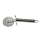 Pizza cutter slicing flatbreads with sharp stainless steel blade