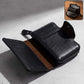 Black zip-around card holder wallet showing front view with secure closure