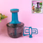 Push chopper manual vegetable cutter with transparent container and stainless steel blades.